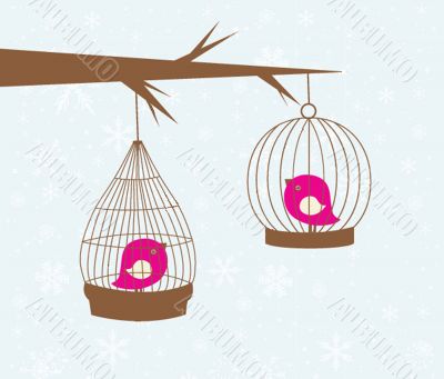 Cute greetings card with birds on a swing