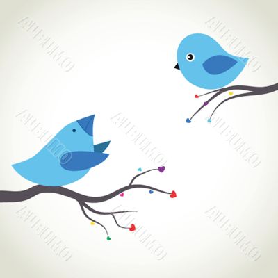 Cute greetings card with birds on a swing
