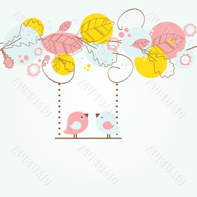 Cute greetings card with birds on a swing