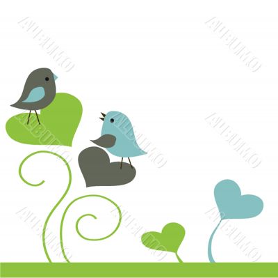 Cute greetings card with birds on a swing