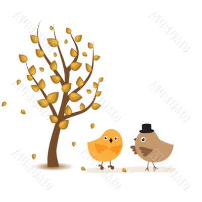 Cute greetings card with birds on a swing