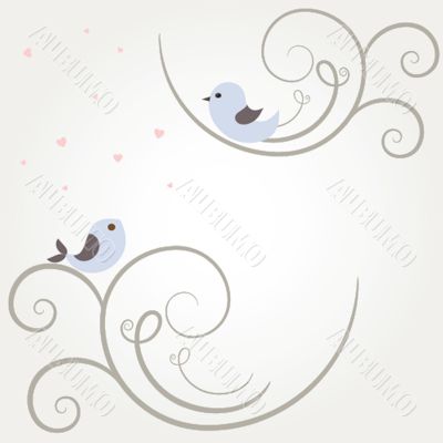 Cute greetings card with birds on a swing