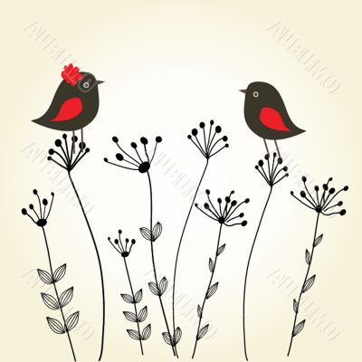 Cute greetings card with birds on a swing