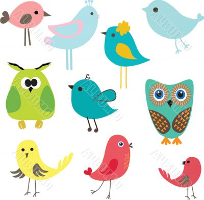 Cute birds set. Vintage vector illustration