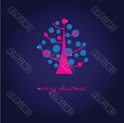 Vintage christmas card with holiday tree on the floral background