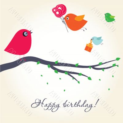 Cute greetings card with birds on a swing
