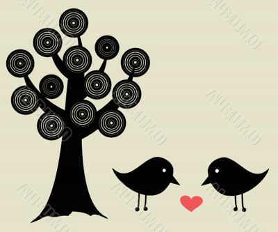 Cute greetings card with birds on a swing