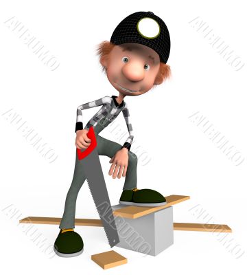 The 3D boy with a hacksaw on a tree.
