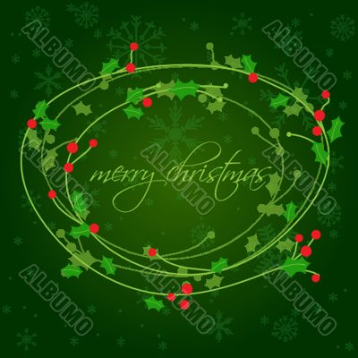 Christmas background with holly berry leaves on dark green background