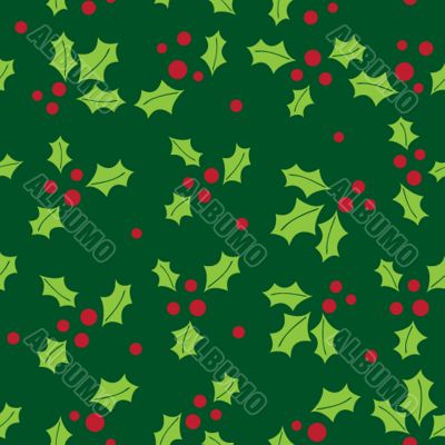 Christmas background with holly berry leaves on dark green background