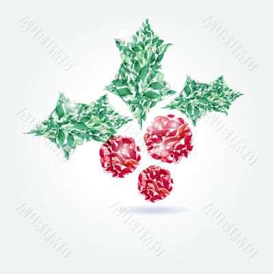 Christmas background with holly berry leaves on dark green background