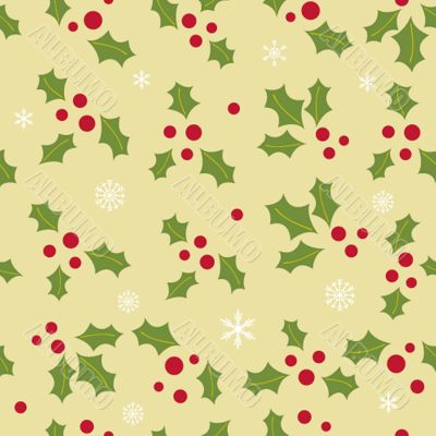 Christmas background with holly berry leaves on dark green background