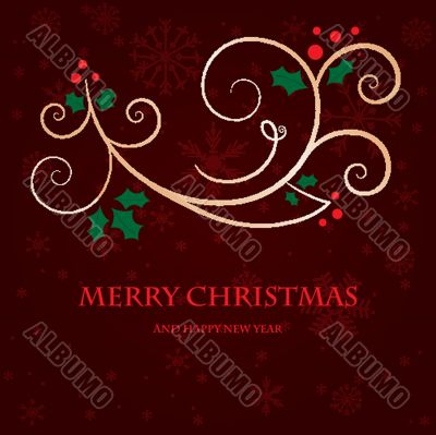 Christmas background with holly berry leaves on dark green background