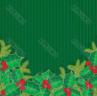 Christmas background with holly berry leaves on dark green background