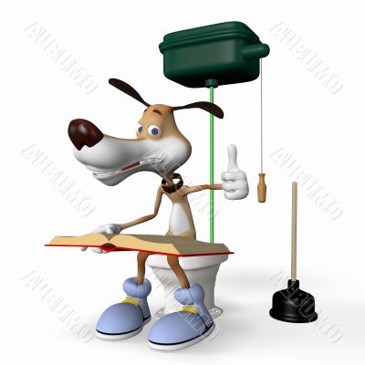 Illustration of a dog on a toilet bowl.