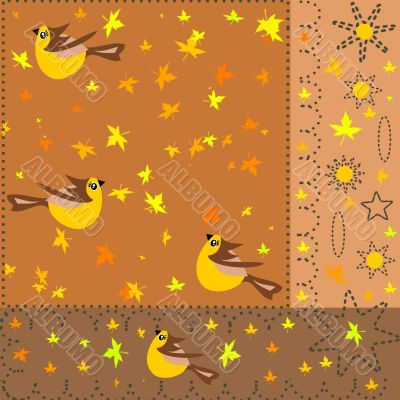 Beautiful background with birds and leaves in brown and yellow colors