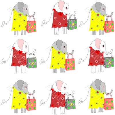 Beautiful background with elephants in dresses with shopping bags