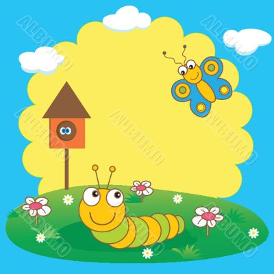 Cute spring card with caterpillar and butterfly.