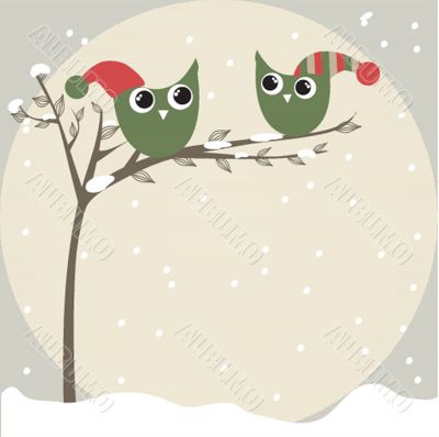 simple card illustration of two funny cartoon owls with christmas hats on a branch