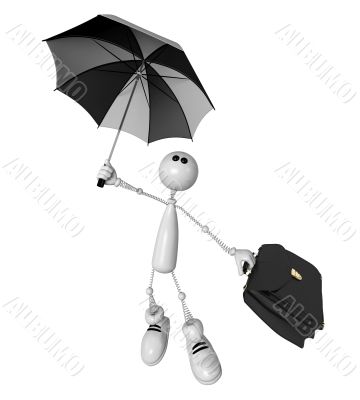 the small person with an umbrella and a portfolio