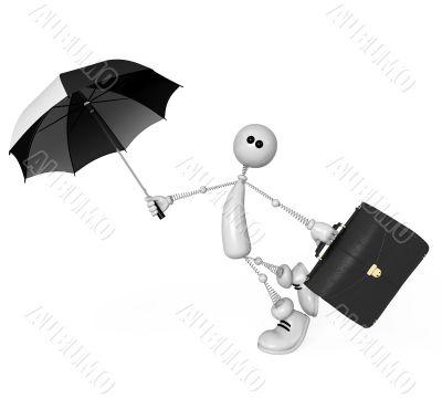 the small person with an umbrella and a portfolio