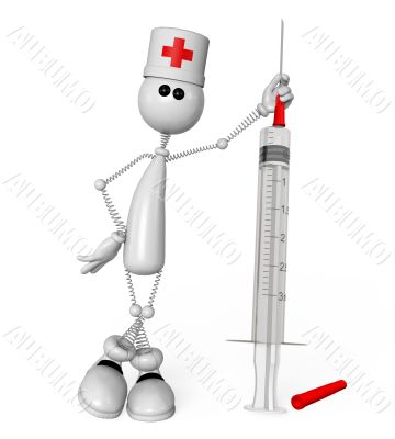 The 3D white person with a medical syringe.