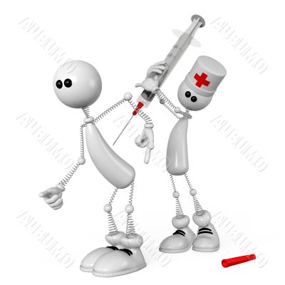 The 3D white person with a medical syringe.