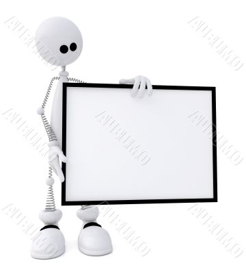 The 3D little man with a sign.