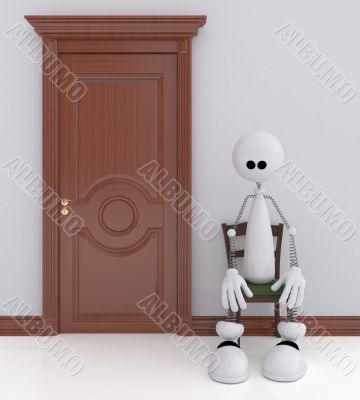 The 3D little man sits on a chair.
