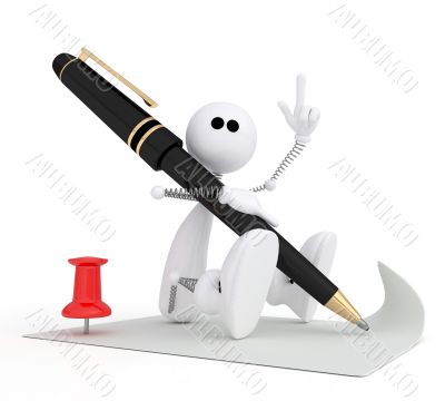 The 3D little man writes the letter.