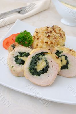 Chicken roulade stuffed with spinach and cheese