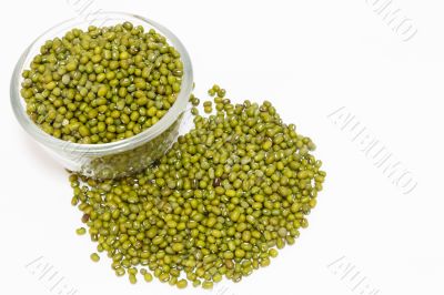 Green mung beans in bowl isolated on white background