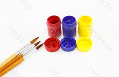 Watercolors and brushes isolated and white background