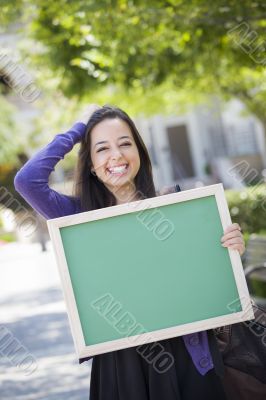 Excited Mixed Race Female Student Holding Blank Chalkboard