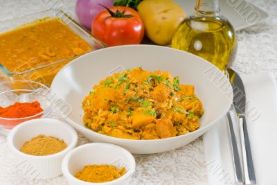 curry beef rice and potatoes