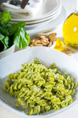 italian fusilli pasta and pesto