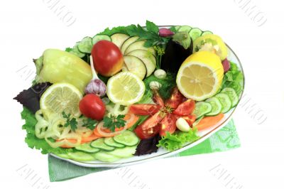 Vegetables and fruit platter. Presented on a white background.