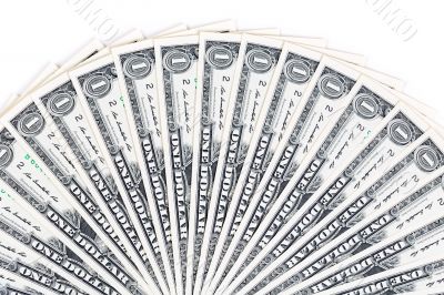 One dollar bills on a white background