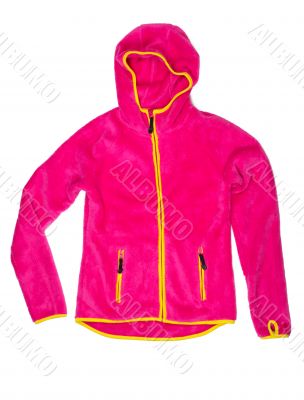Bright red sports jacket with a hood and yellow accents
