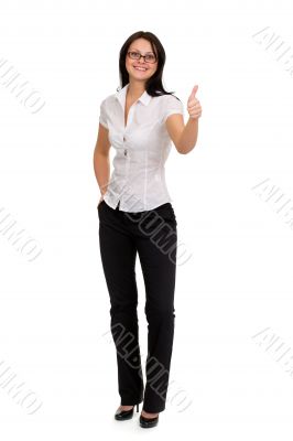 Smiling businesswoman showing ok on white background