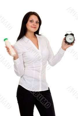 beautiful girl with yogurt and watches