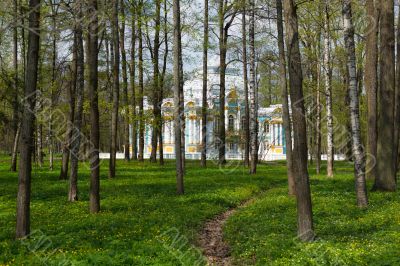 Pavilion in Catherine`s park in Tsarskoe Selo through the woods