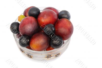 Plums and prunes in a vase for fruit on a white background.