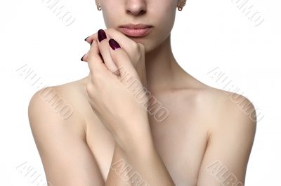 female hand, shoulder and lips