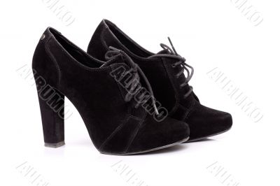 Woman black shoes on the white background