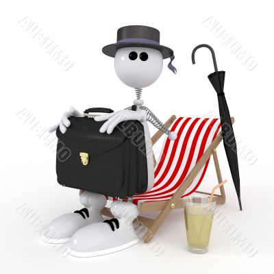 The 3D little businessman on a beach.