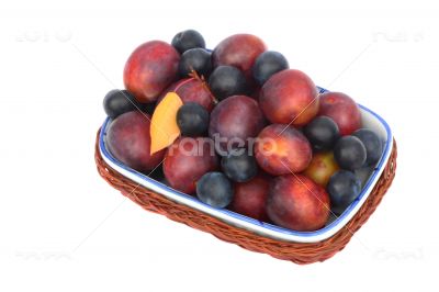 Vase in a wicker basket full of ripe plums and prunes.