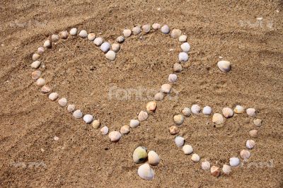 Seashells on the sand in the form of heart