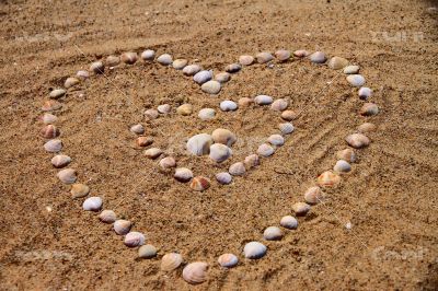 Seashells on the sand in the form of heart