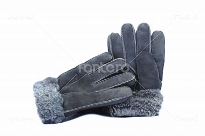 Fur winter gloves grey colors on the white background.